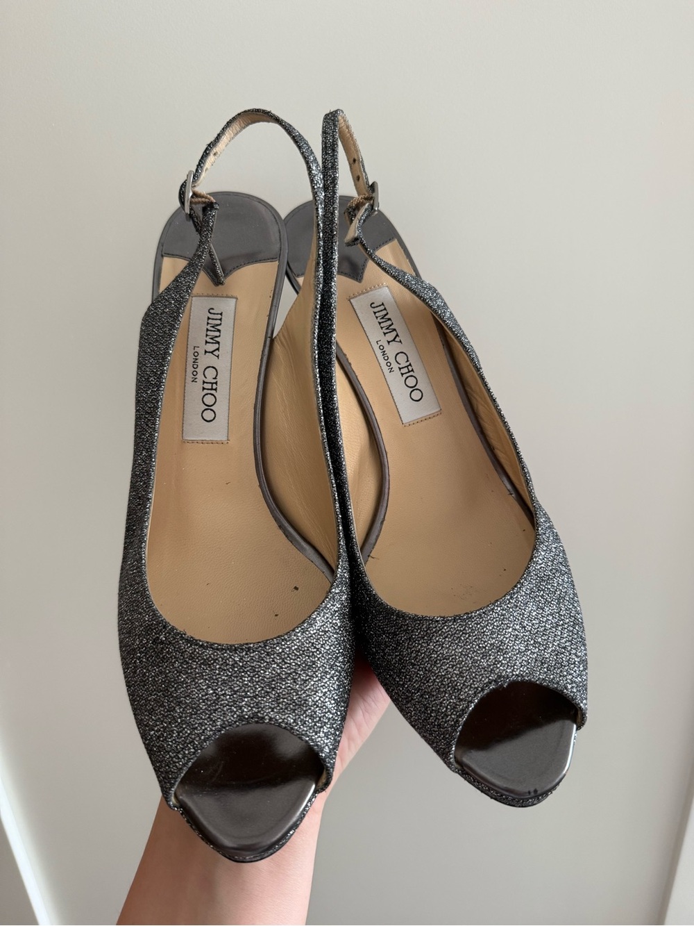 Jimmy Choo Black Silver Glitter Slingback Peep-Toe Heels size 40